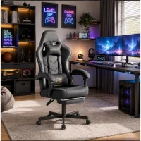 Ergonomic Gaming Chair with Massage, Footrest & Lumbar Support – Black