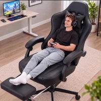 Ergonomic Gaming Chair with Massage, Footrest & Lumbar Support – Black